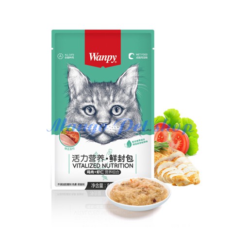 Súp Thịt Cho Mèo Wanpy Vị Gà Và Tôm Gói 80Gr