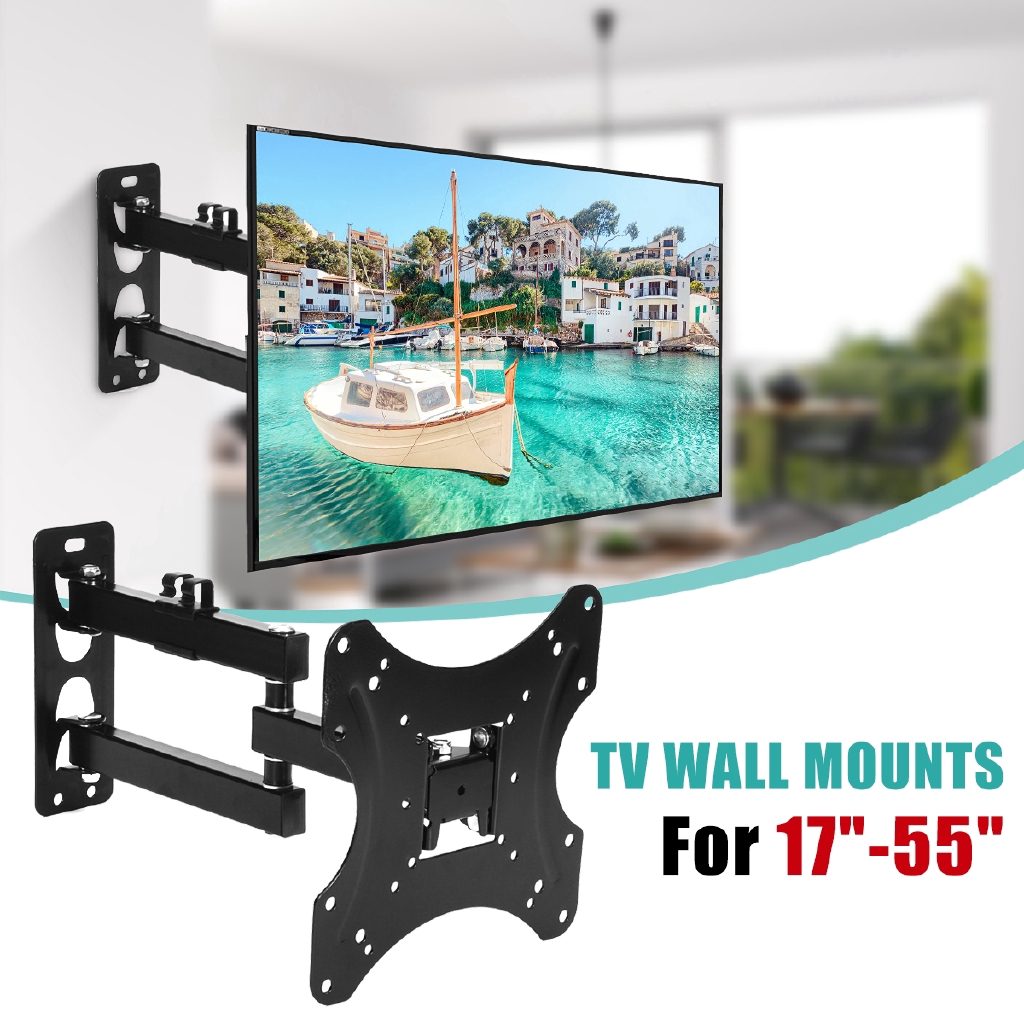 17-55 Inch Retractable 180 Degree Dual Arm Full Motion TV Wall Mount Tilt Swivels Monitor Stand Plasma Bracket