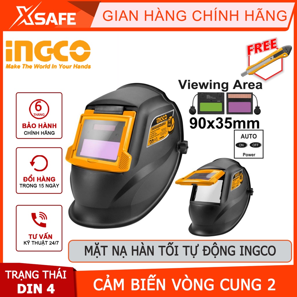 Mặt nạ hàn tự động INGCO AHM009 dùng pin mặt trời, có thể sạc lại, không cần thay pin, vùng quan sát 90x35mm - [XSAFE]