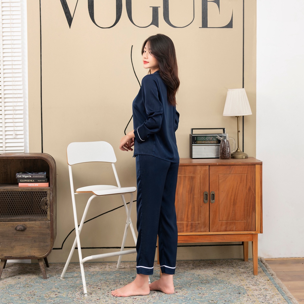 Bộ Lụa Pyjama Dài Tay Hàng Thiết Kế Chất Liệu Lụa Pháp Cao Cấp Mềm Mịn Không Nhăn Không Xù Không Phai Màu