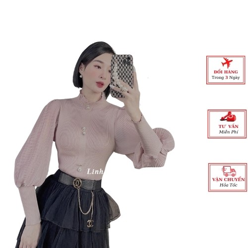 Áo len nữ công sở tay bồng tiểu thư cúc ngọc ulzzang Hàn Quốc phong cách bánh bèo