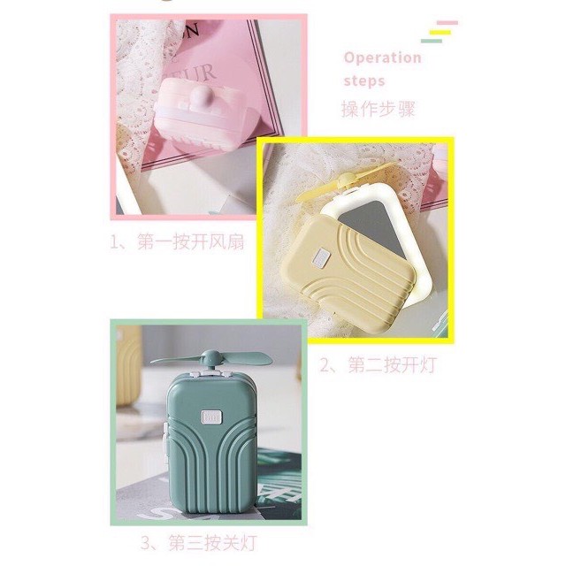 Quạt mini cute tạo hình chiếc vali tích hợp gương và đèn