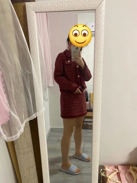 Set áo váy dạ tweed đỏ dáng ngắn