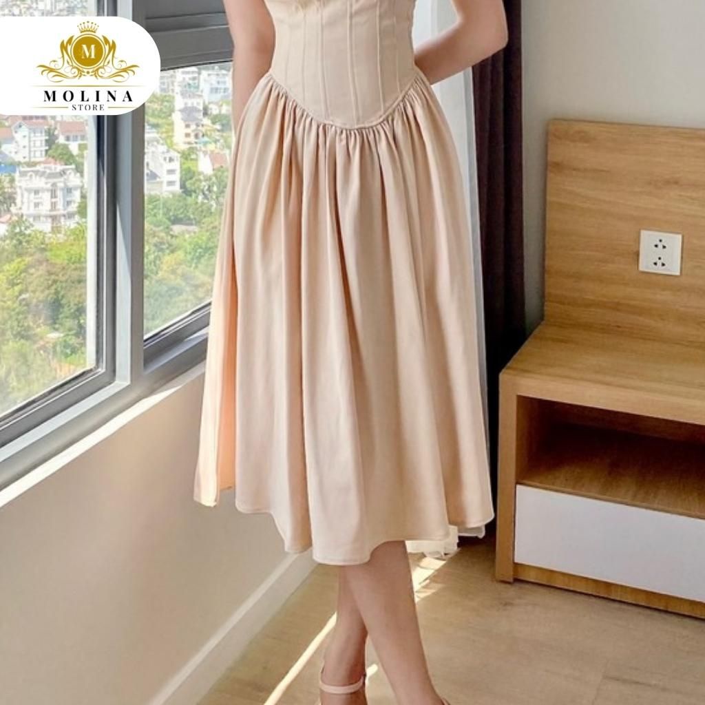 Đầm Corset Thiết Kế Molina Dáng Xòe Dài Chất Kaki Lụa Thanh Lịch