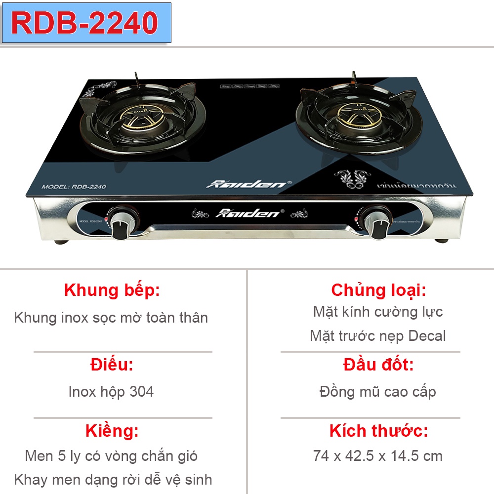 [Chính hãng] Bếp gas đôi mặt kính Raiden RDB-2240 đầu đốt đồng, điếu inox 304, kiềng men có chắn gió
