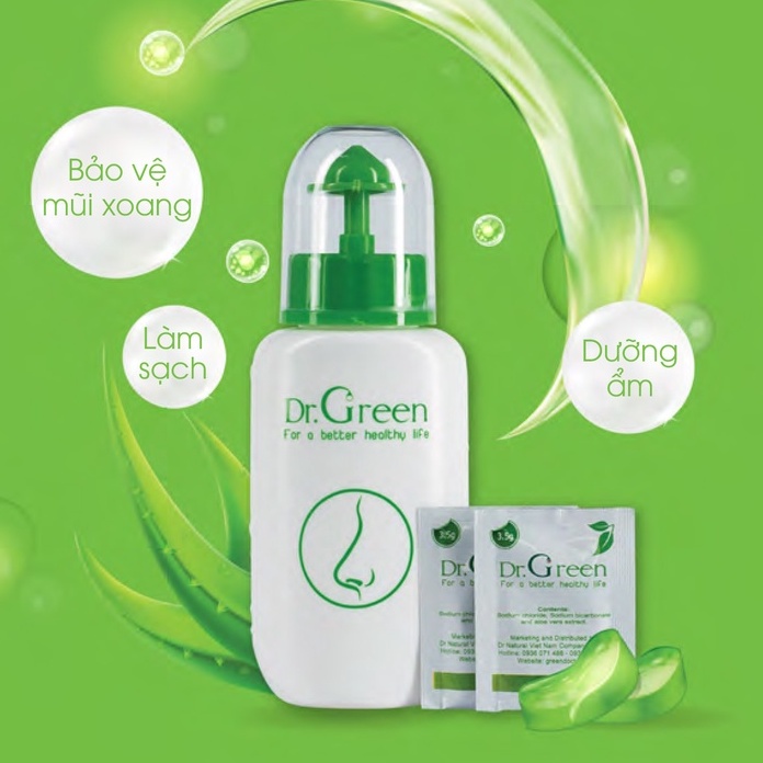 Bình rửa mũi Dr Green chính hãng 240ml,Đầu rửa silicon, 1 bình kèm 10 gói muối biển, hỗ trợ viêm mũi xoang