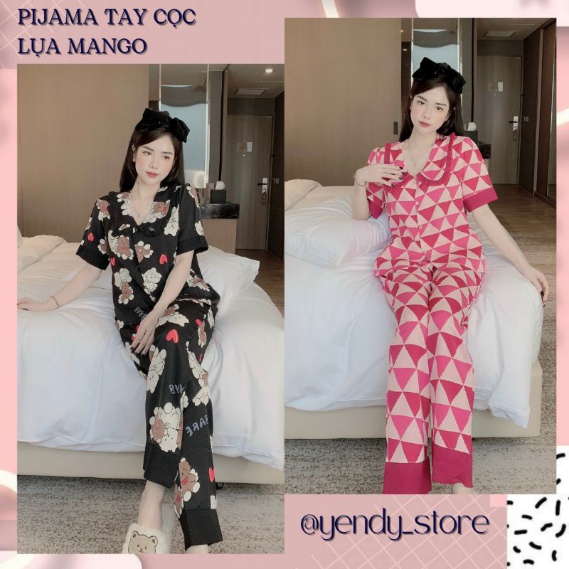 BỘ PIJAMA LỤA MANGO CỔ NHỌN PHỐI BÈO FREESIZE DƯỚI 60KG