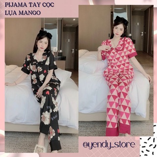 Bộ pijama lụa mango cổ nhọn phối bèo freesize dưới 60kg