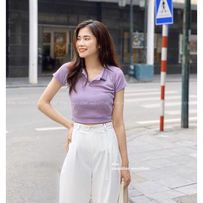 Áo croptop nữ chất vải thun trơn 4 chiều kiểu cổ bẻ FreeSize dưới 53kg