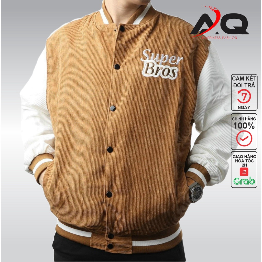 Áo Varsity Jacket áo bomber SUPER BROS chất nhung tăm 2 lớp nỉ nam nữ khoác ngoài dày dặn form rộng unisex - AQ STORE