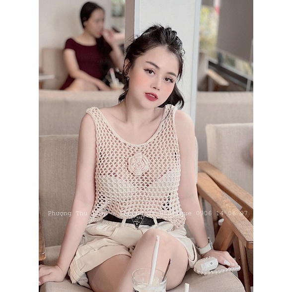 áo len lưới ba lỗ màu be hoa trà cho nữ