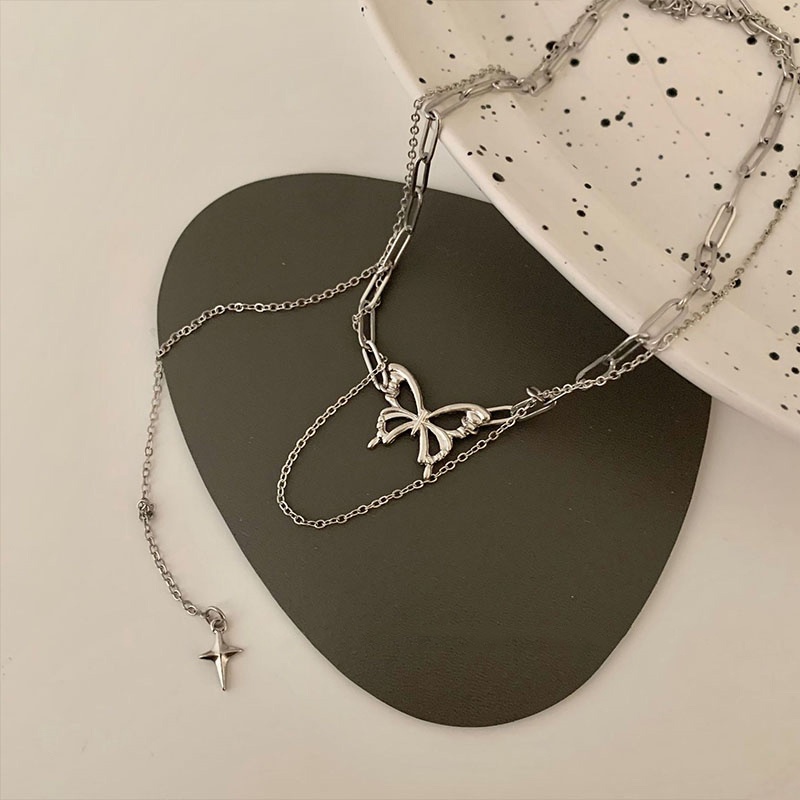 Vòng cổ Tua Rua Mạ Bạc Y2K Mặt Hình Bướm/Chữ Thập Cho Nữ