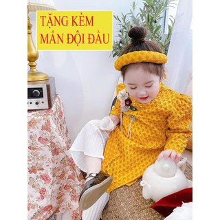 Áo dài cách tân dập vân cao cấp , quần dập ly kèm mấn cho bé gái 9-25kg