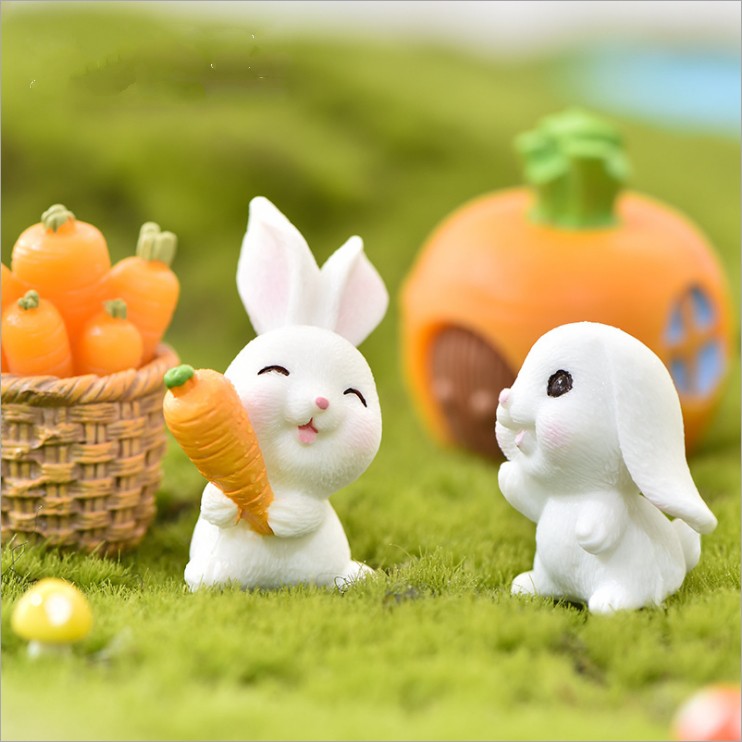 Mô hình thỏ trắng thu hoạch cà rốt trang trí tiểu cảnh, terrarium, DIY