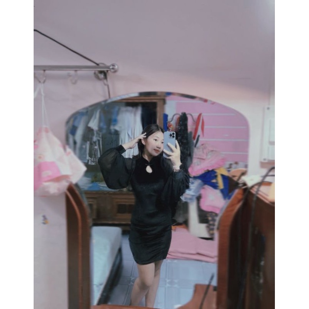 Sườn Xám Cách Tân Tay Phồng Vải Nhung Phối Voan 40-70Kg