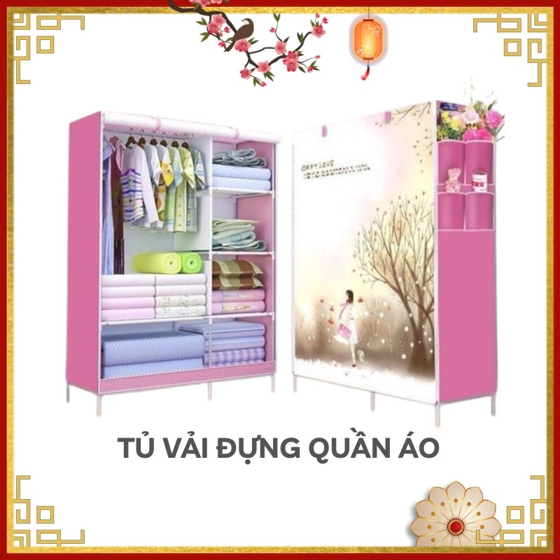 Tủ vải đựng quần áo 2 buồng 6 ngăn, tủ quần áo vải bạt 3 buồng 8 ngăn in hình 3D họa tiết ngẫu nhiên