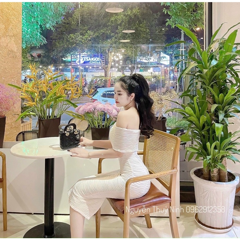 Váy body sóng nhăn trễ vai dáng dài siêu tôn dáng mã V125