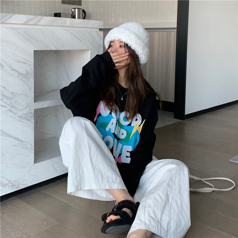 Áo sweater SUXI mỏng cổ tròn tay dài dáng rộng in họa tiết xinh xắn dễ phối đồ cho nữ