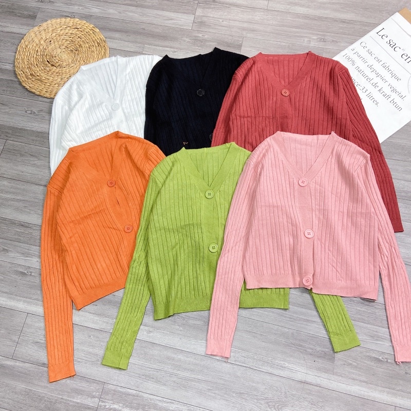 Áo Khoác Len Tăm Cardigan Croptop QC Dài Tay 3 Cúc