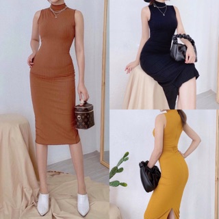 Đầm len ôm body midi xẻ tà say cổ cao sát nách