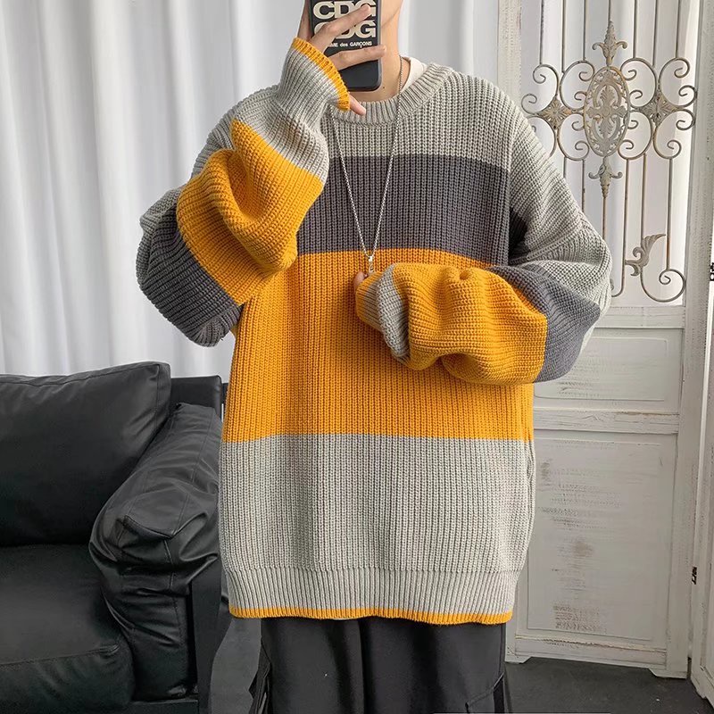 Áo sweater dệt kim cổ tròn tay dài dáng rộng màu sắc tương phản phong cách thời trang Hong Kong cho nam size M-2XL