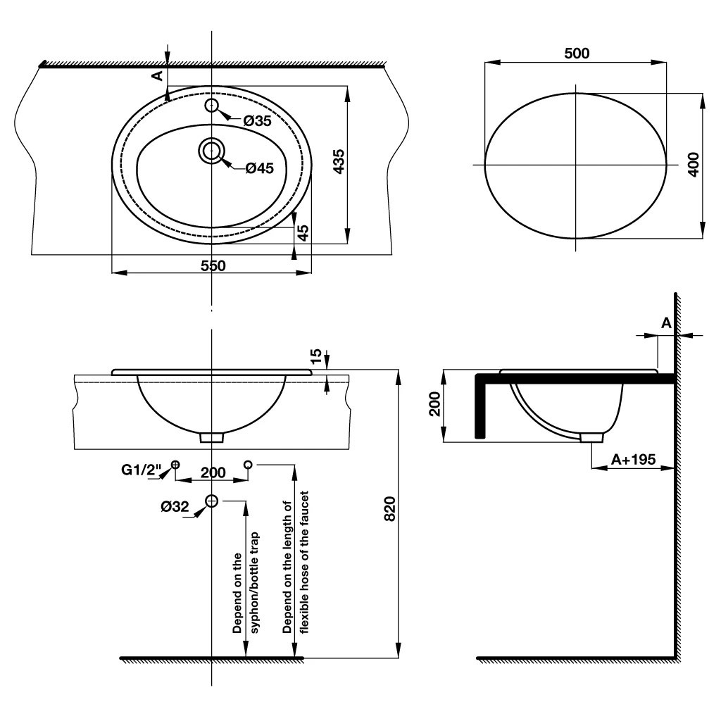 Chậu sứ vành nổi Compact 550x435x200