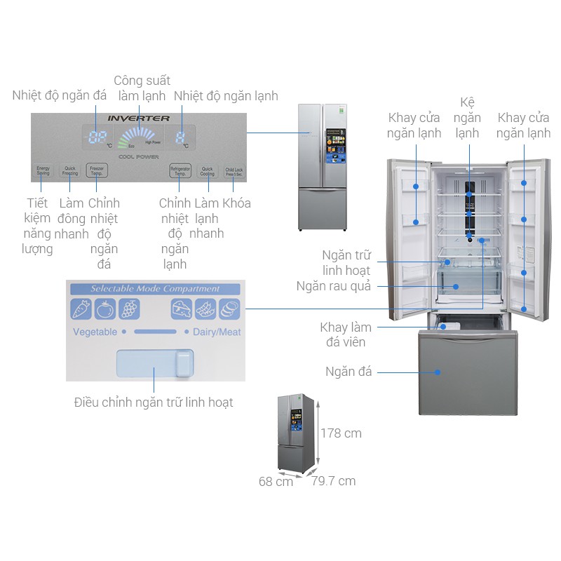 WB475PGV2 GS - Tủ lạnh Hitachi Inverter 382 lít R-WB475PGV2 GS