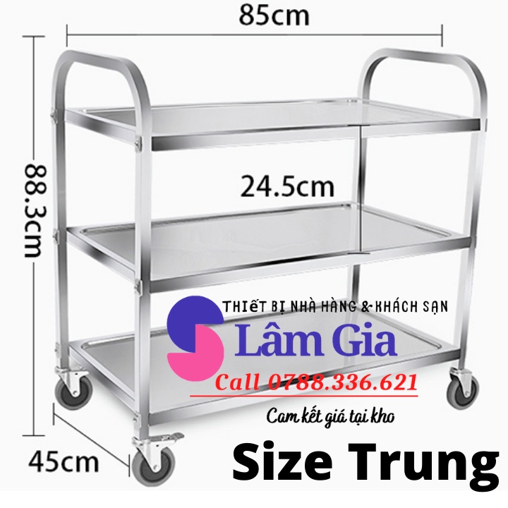 Xe đẩy nhà hàng 3 tầng khung INOX - xe đây phục vụ bàn ăn
