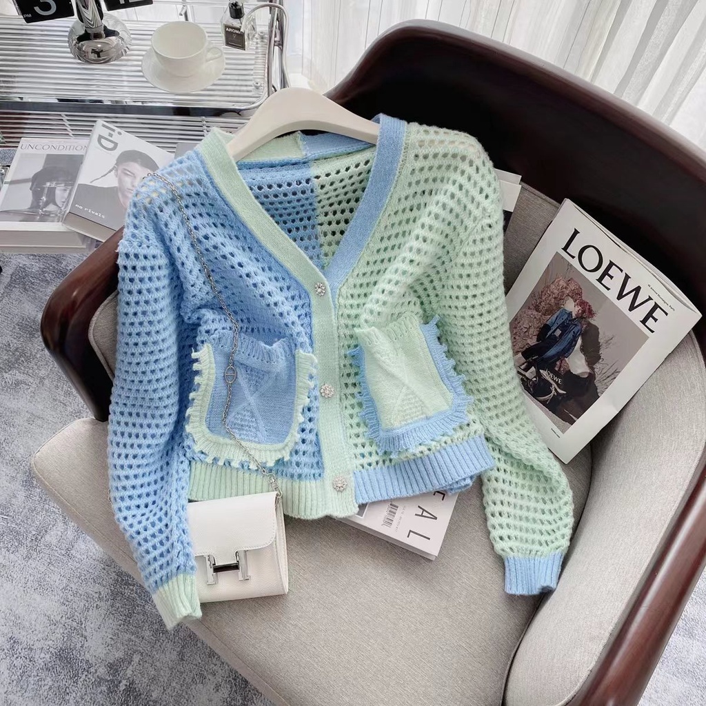 Áo Khoác Cardigan Dệt Kim Cổ Chữ V Màu Sắc Tương Phản Phong Cách Retro Dành Cho Nữ