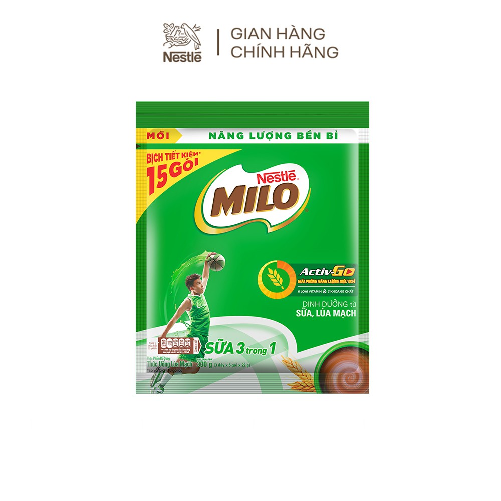 [Tặng 1 bình nước Milo 700ml] Combo 3 bịch thức uống lúa mạch Nestlé Milo sữa 3 trong 1 - Bịch 15 gói 22g