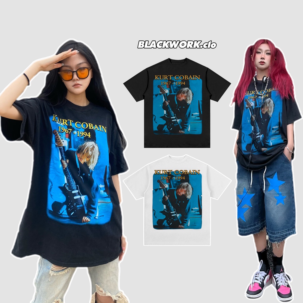 Áo Thun Vintage Kurt Cobain Nirvana Tay Lỡ Unisex - Đen/Trắng Cổ Tròn | Blackwork