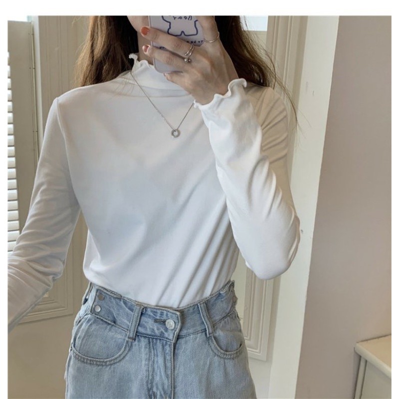 Áo thun cổ cao nhún bèo