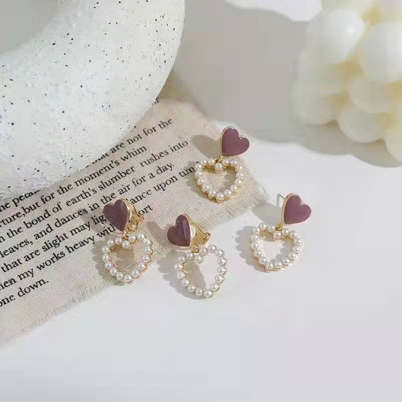 Hoa Tai Hình Trái Tim Đính Ngọc Trai Nhân Tạo Thời Trang