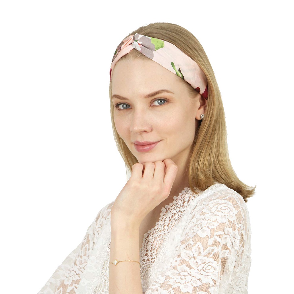 Băng Đô Cài Tóc rửa mặt Bằng Vải Lụa Co Giãn Họa Tiết Chữ Ry Geranium Và Hoa