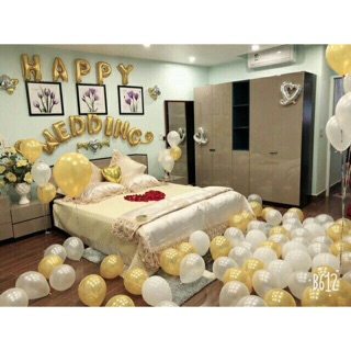 Sét bóng happy wedding trắng vàng ( đầu đủ phụ kiện )