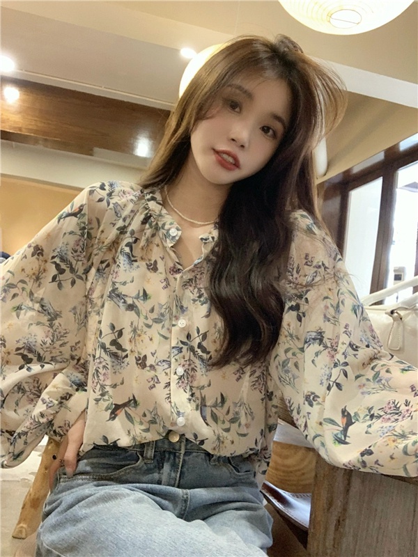 Áo Sơ Mi Chiffon Cổ Tròn Dài Tay Dáng Rộng In Hoa Thời Trang Sành Điệu 54584