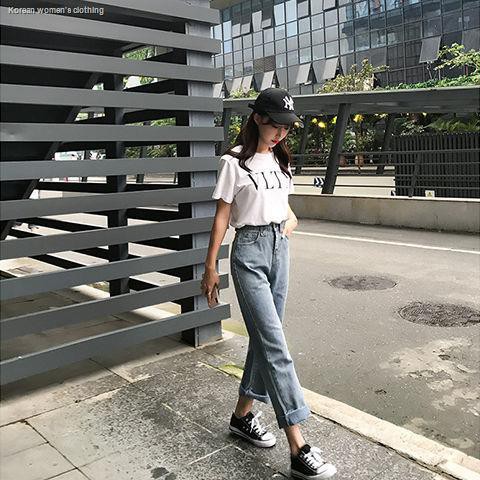 Quần Jeans Lưng Cao Ống Rộng Phong Cách Hàn Quốc Cho Nữ