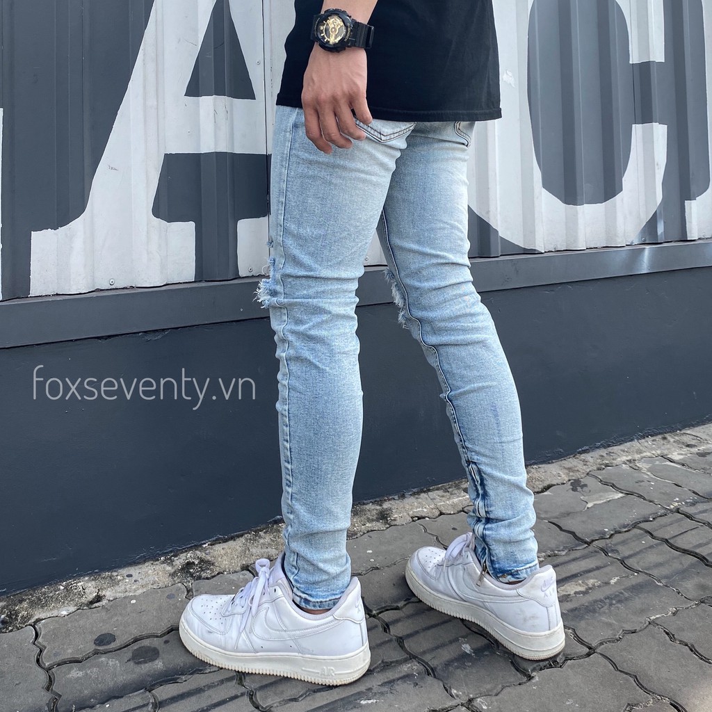 Quần Jean Nam Rách Gối Zipper Cao Cấp FOXSEVENTY màu xanh bạc (Mẫu 799ZR) | BigBuy360 - bigbuy360.vn