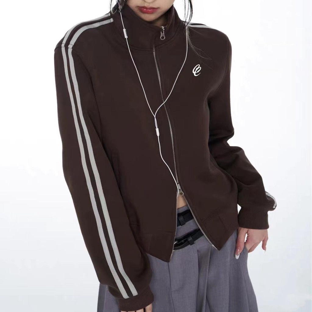 [Cotton Tinh Khiết] Áo Khoác Thể Thao Phối Hai Khóa Kéo Đôi Phong Cách Retro Mỹ Thiết Kế Sense E