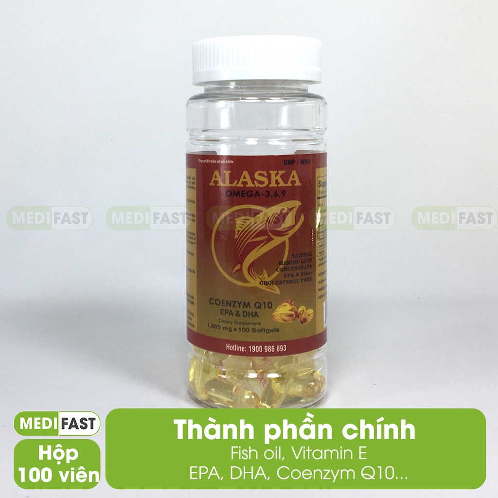 Bổ mắt và tim mạch có thêm dầu hoa anh thảo và coenzym q10, Dầu cá Alaska Hộp 100 viên bổ sung Omega 3 6 9, DHA EPA
