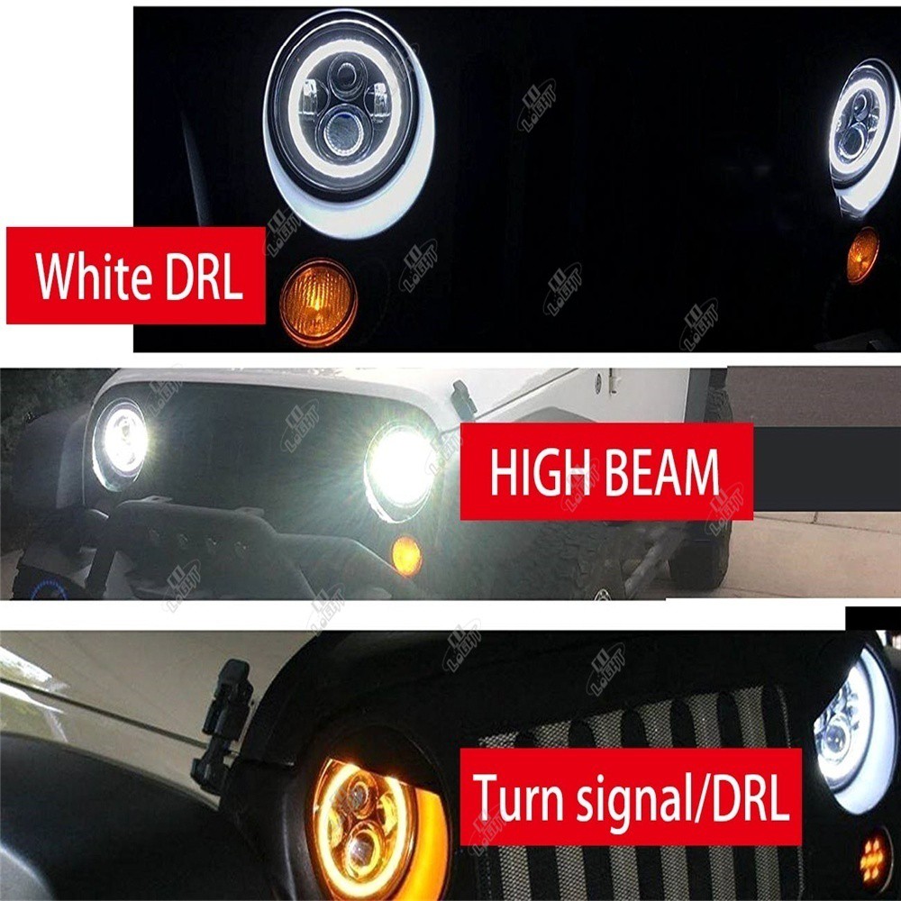 UNI-SHINE 7inch LED Headlight 80W DRL Halo Angle Eyes Led Headlamp 12V 24V High Low Turn Signal for Offroad 4x4