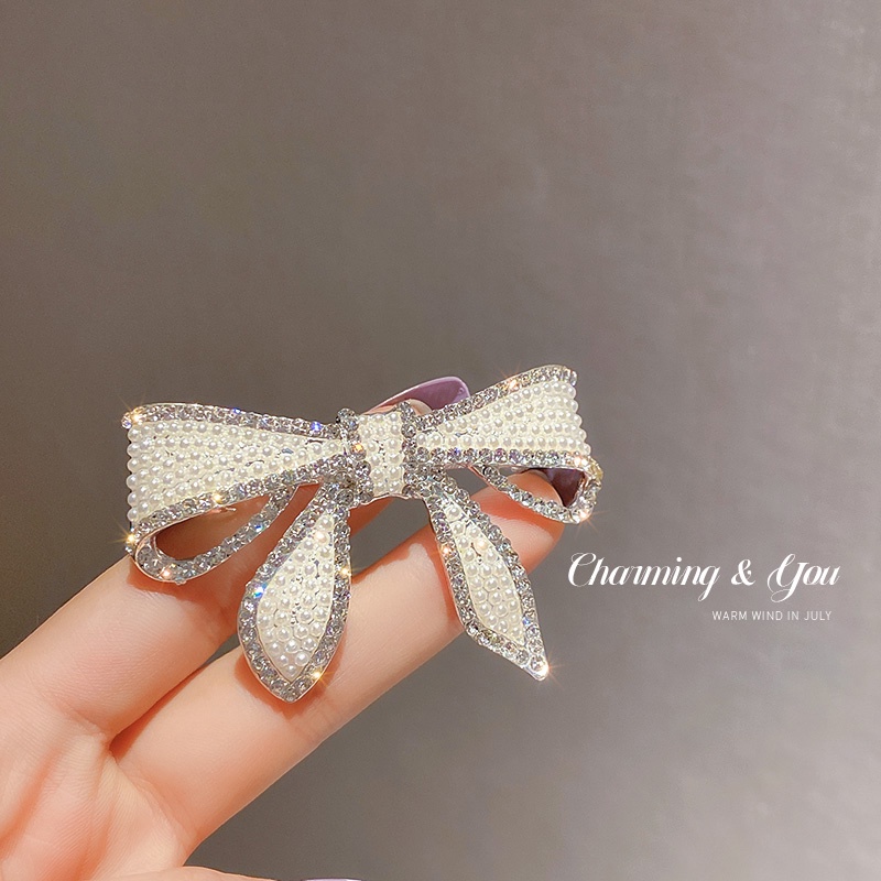 Kẹp Tóc Hình Nơ Đính Ngọc Trai Lấp Lánh Phong Cách vintage Hàn Quốc