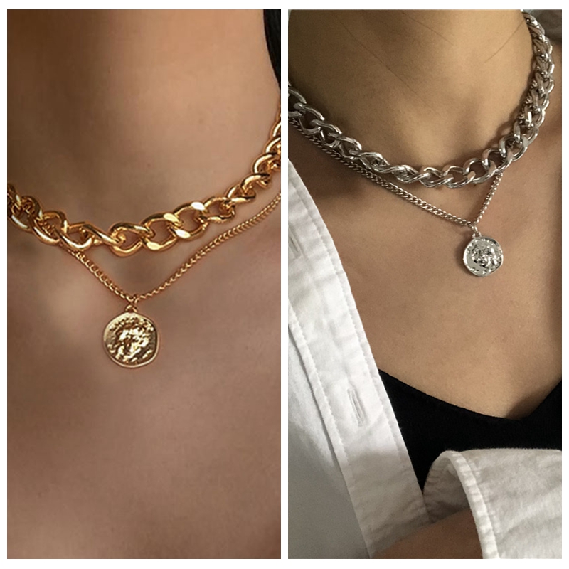 Vòng cổ 2 lớp mặt hình đồng xu phong cách cổ điển