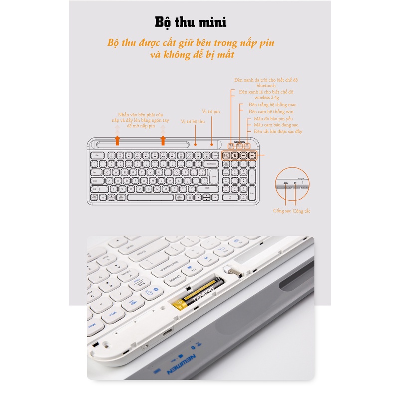 Bàn phím văn phòng không dây Newmen K10 - Bluetooth/2.4Ghz dùng cho Ipad/Macbook/PC - Hàng chính hãng