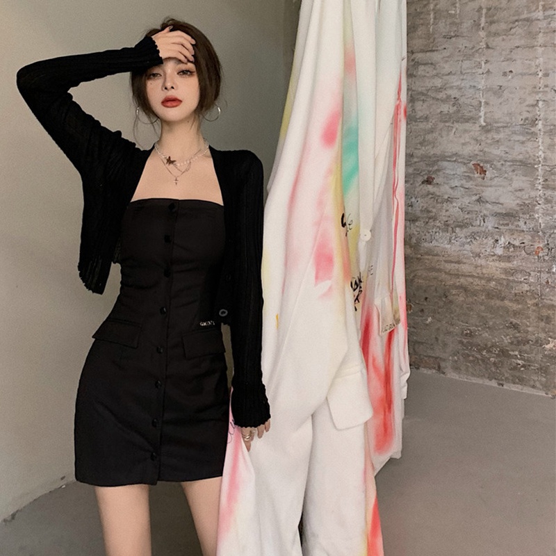 IELGY Đầm Ống Mỏng Không Tay Một Hàng Nút Thời Trang Sành Điệu Cho Nữ