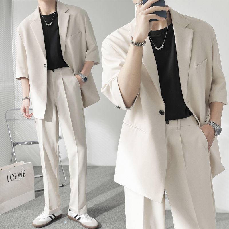 Áo Khoác Vest Ngắn Tay + Quần Lửng Dáng Rộng Phong Cách Hàn Quốc Thời Trang Mùa Hè Cho Nam