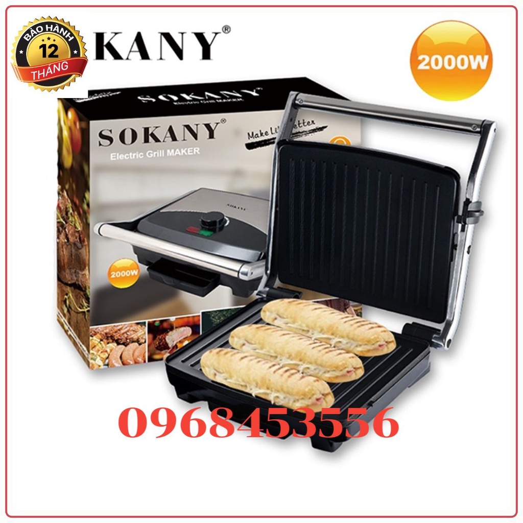 Máy kẹp nướng bánh mì, Máy ép bánh mỳ xúc xích có chỉnh nhiệt 2000W SOKANY