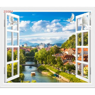 Tranh dán tường 3d cửa sổ kt ngang 1.1m*0.95m có keo sẵn