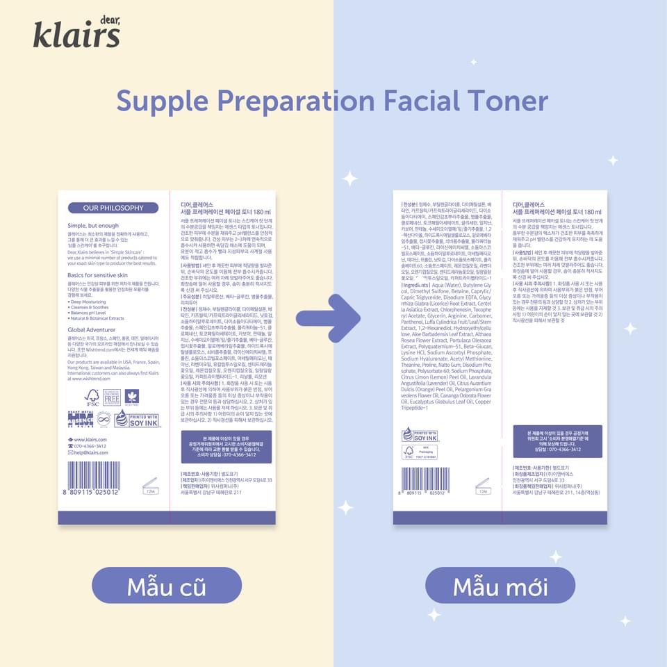 COMBO 2 Chai Nước Hoa Hồng Klairs Supple Preparation Facial Toner 180ml