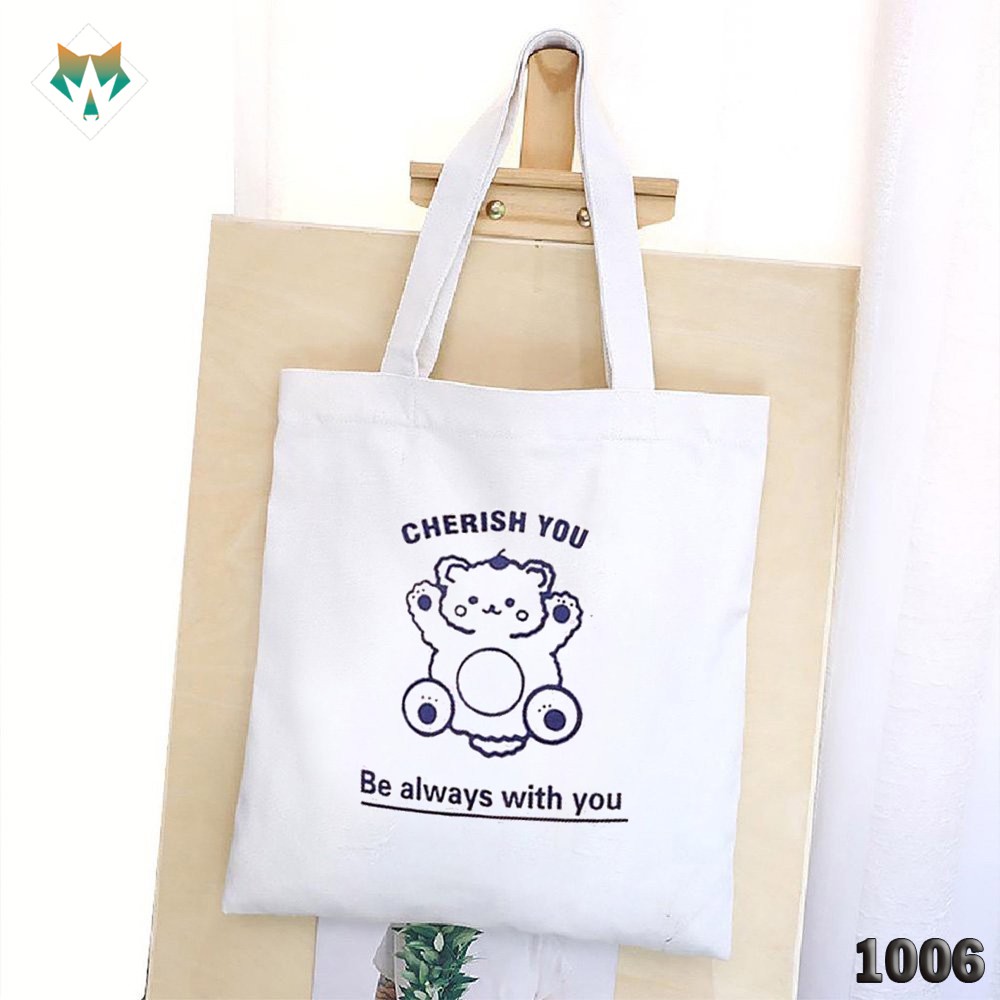 TÚI TOTE TRẮNG CHẤT VẢI CANVAS 1006 460 GẤU CHERISH YOU HÀNG CHUẨN ĐẸP